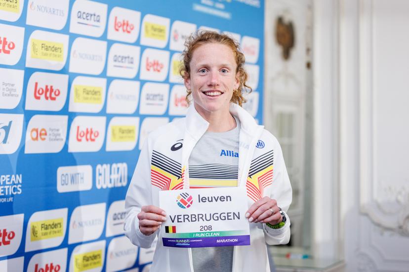 Belgian runner Hanne Verbruggen poses for the photographer during a press conference of European Athletics, Belgian Athletics and Golazo on the first European Running Championships, 10km, half marathon and marathon, this weekend in Brussels and Leuven, Friday 11 April 2025, in Brussels. BELGA PHOTO HATIM KAGHAT