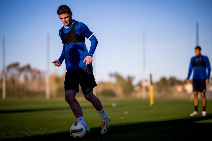 Gent's Hugo Cuypers pictured in action during the winter training camp of Belgian soccer team KAA Gent, in Oliva, Spain, Monday 08 January 2024. BELGA PHOTO JASPER JACOBS