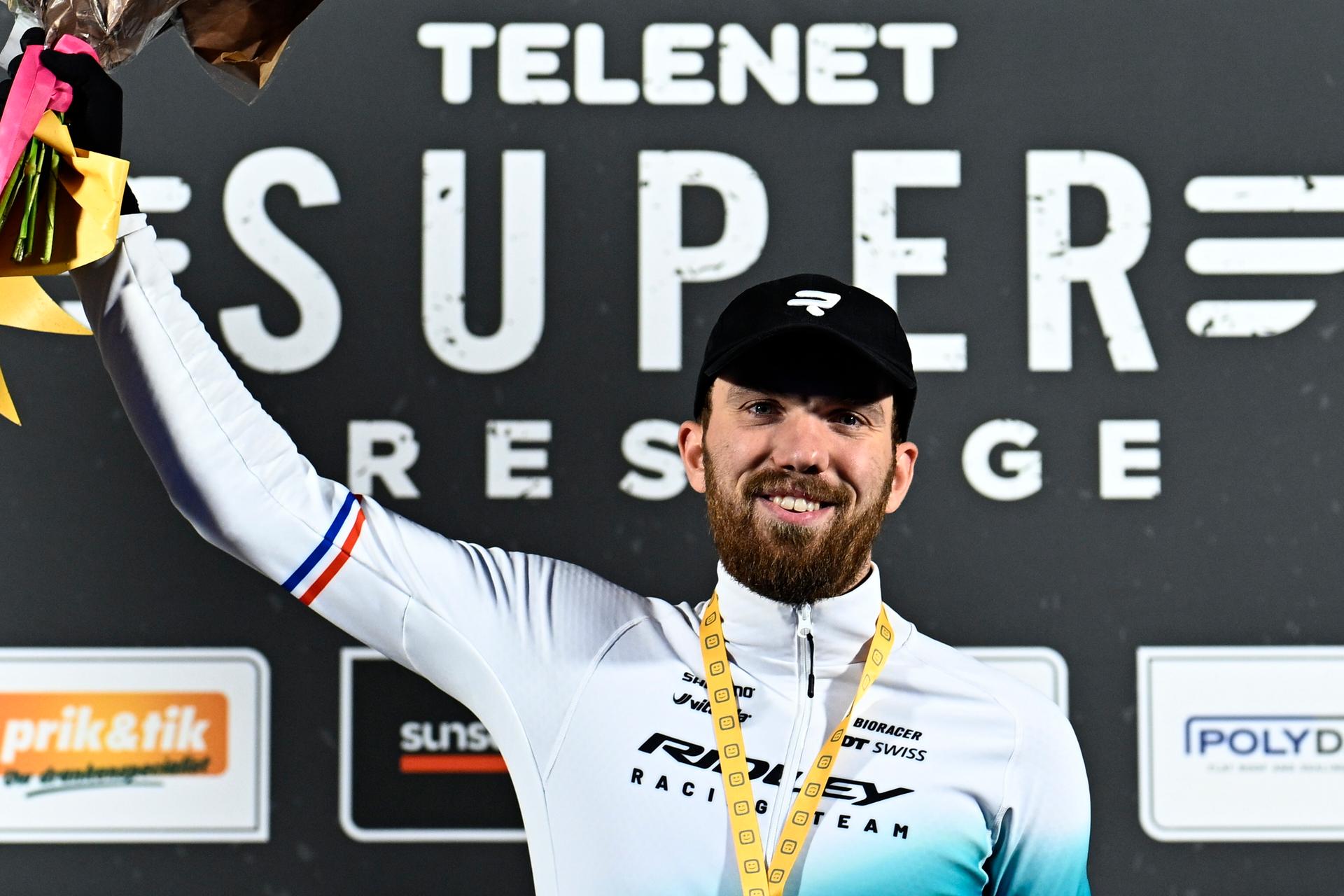 Dutch Joris Nieuwenhuis celebrates on the podium after winning the men's race of the Superprestige Merksplas cyclocross event, fourth stage (4/8) of the Superprestige cyclocross cycling competition, Saturday 15 November 2025, in Merksplas. BELGA PHOTO JASPER JACOBS