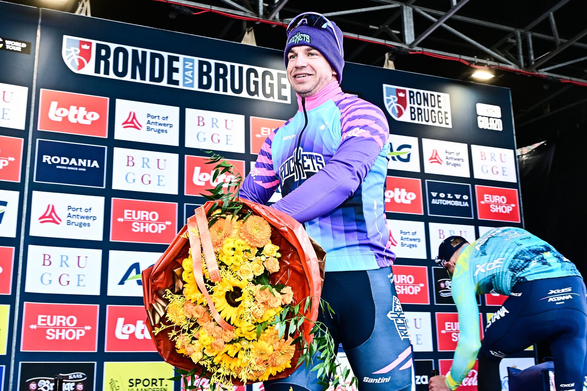 Dutch Dylan Groenewegen of Unibet Rose Rockets celebrates on the podium after winning the 'Ronde van Brugge' men's elite one-day cycling race, 202,9 km from and to Brugge on Wednesday 25 March 2026. BELGA PHOTO MAARTEN STRAETEMANS