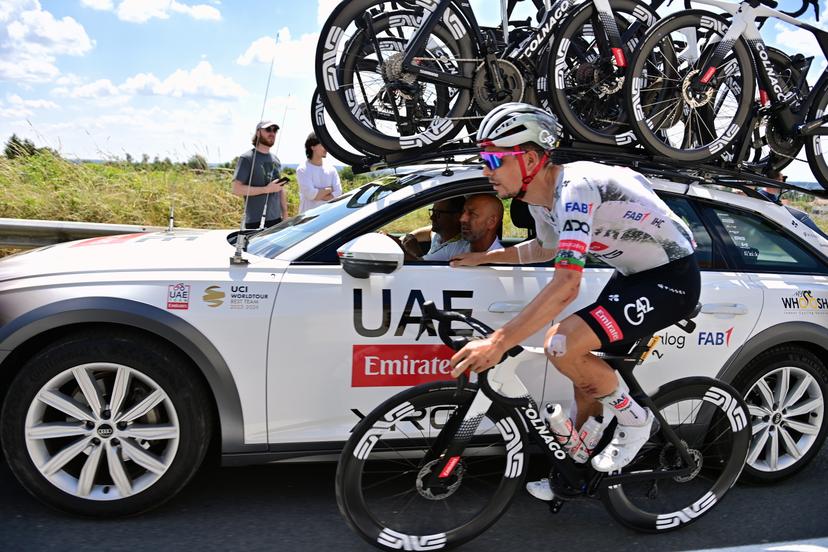 Portuguese Joao Almeida of UAE Team Emirates pictured in action during stage nine of the 2025 Tour de France cycling, from Chinon to Chateauroux (170 km), on Sunday 13 July 2025 in France. The 112th edition of the Tour de France starts on Saturday 5 July in Lille, France, and will finish in Paris, France on the 27th of July. BELGA PHOTO POOL  POOL PETE GODING