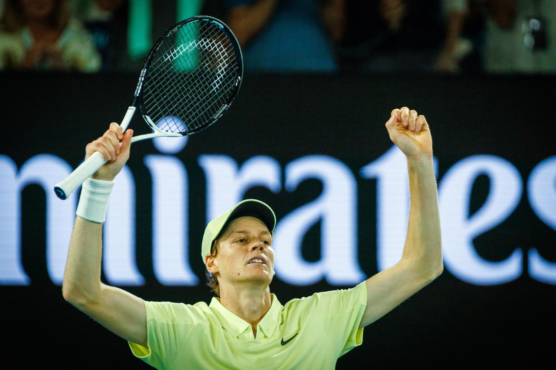Italian Jannik Sinner celebrates after winning a tennis match between Italian Sinner and German Zverez, the final of the men's singles at the 'Australian Open' Grand Slam tennis tournament, Sunday 26 January 2025 in Melbourne Park, Melbourne, Australia. The 2025 edition of the Australian Grand Slam takes place from January 12th to January 26th. BELGA PHOTO PATRICK HAMILTON