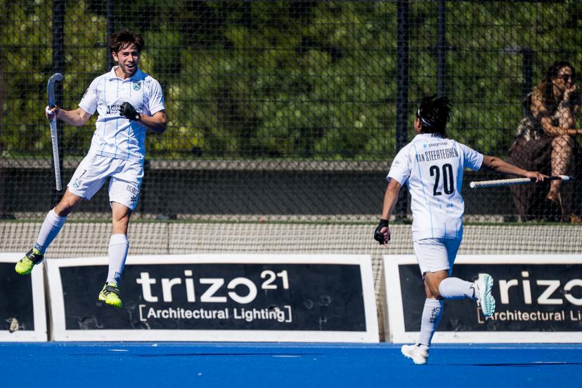 Braxgata's Thibaut Stockbroekx celebrates after scoring during a hockey game between Gantoise and Braxgata, Friday 01 May 2026 in Gent, on day 21 of the Belgian first division hockey championship. BELGA PHOTO JASPER JACOBS