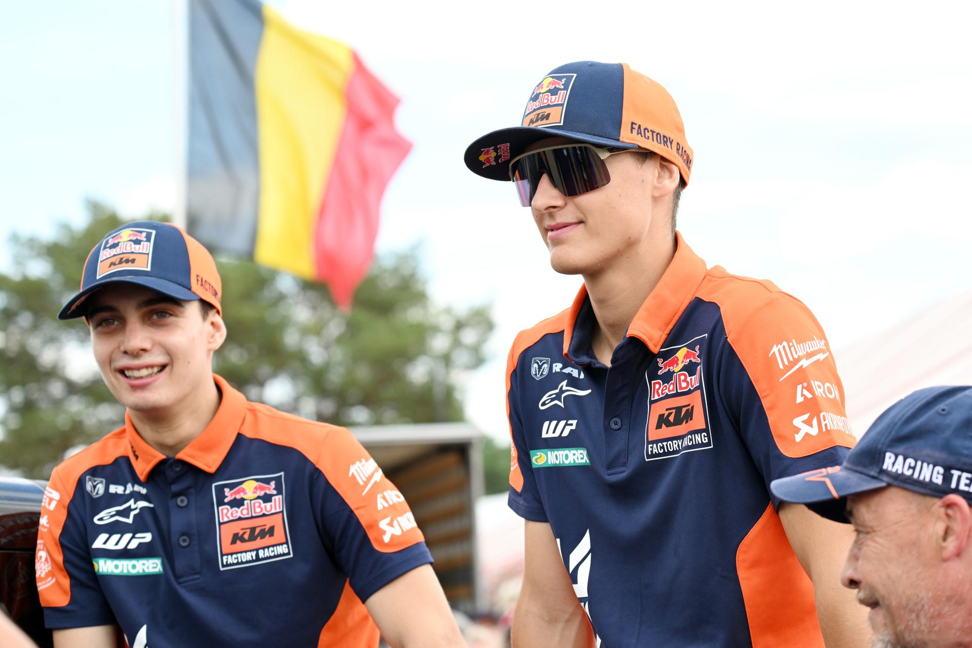 Belgian Sacha Coenen and Belgian Liam Everts pictured during the sixth stage (6 of 10) of the the Belgian Championships motocross, at Keiheuvel, in Balen, Thursday 15 August 2024. BELGA PHOTO MAARTEN STRAETEMANS