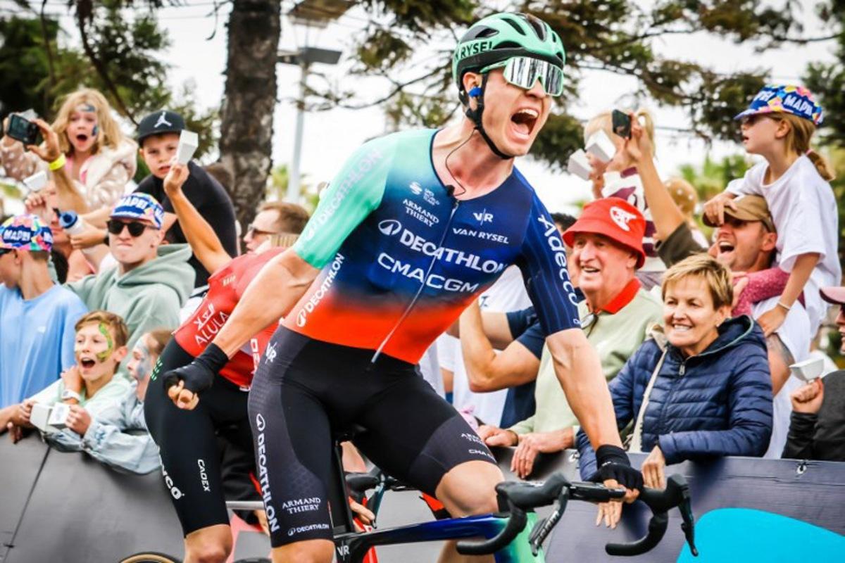 Decathlon CMA CGM Team's Danish rider Tobias Lund Andresen celebrates winning the men's elite cycling event of the 2026 Cadel Evans Great Ocean Road Race in Geelong on February 1, 2026.   CHRIS PUTNAM / AFP