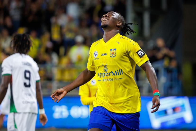 Beveren's Elohim Kabore celebrates after scoring during a soccer match between SK Beveren and OH Leuven, Sunday 6 September 2026 in Beveren, on day 5 of the 2026-2027 'Jupiler Pro League' first division of the Belgian championship. BELGA PHOTO KURT DESPLENTER