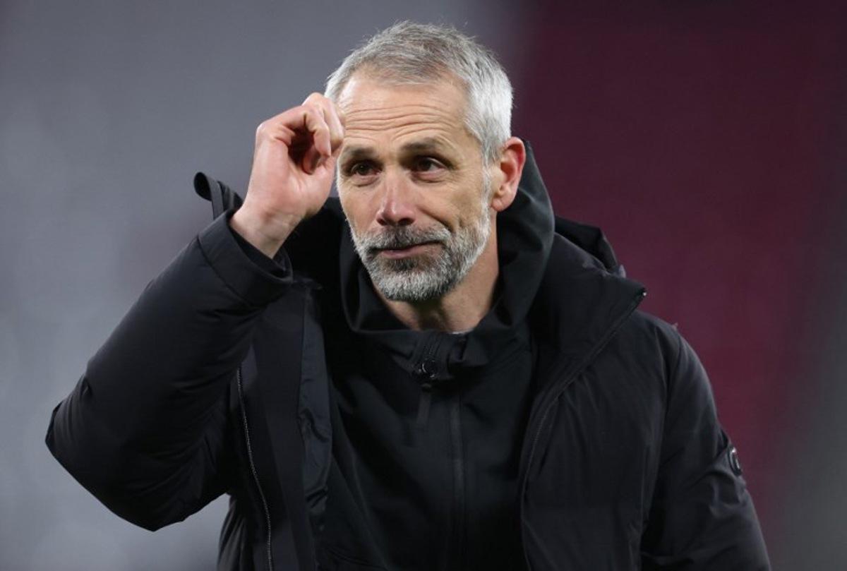 Leipzig's German head coach Marco Rose reacts after the German first division Bundesliga football match between RB Leipzig and Borussia Dortmund in Leipzig, eastern Germany on March 15, 2025.   RONNY HARTMANN / AFP