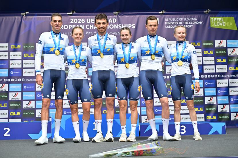 Team France celebrates on the podium after winning the time trial mixed relay elite race (44,2 km) at the cycling UEC Road European Championships, in Ljubljana, Slovenia Tuesday 6 October 2026. The UEC Road European Championships are taking place from 02 to 07 October in Ljubljana, Slovenia. BELGA PHOTO DAVID PINTENS