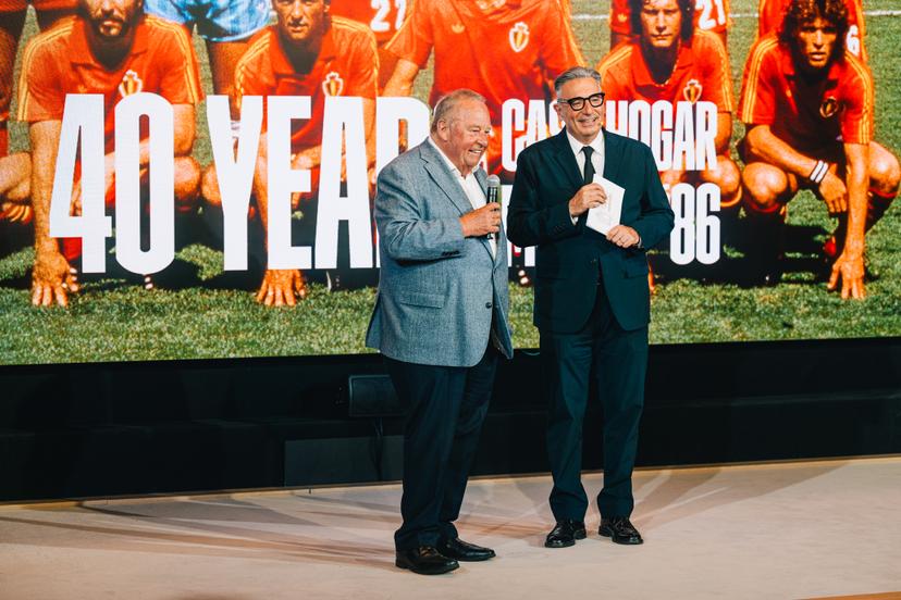 Baron Michel D'Hooghe and spokesman David Steegen pictured at the 40 years World Cup Mexico '86 & Casa Hogar event organized by the Royal Belgian Football Association RBFA, Thursday 07 May 2026 in Tubize. BELGA PHOTO EMILE WINDAL