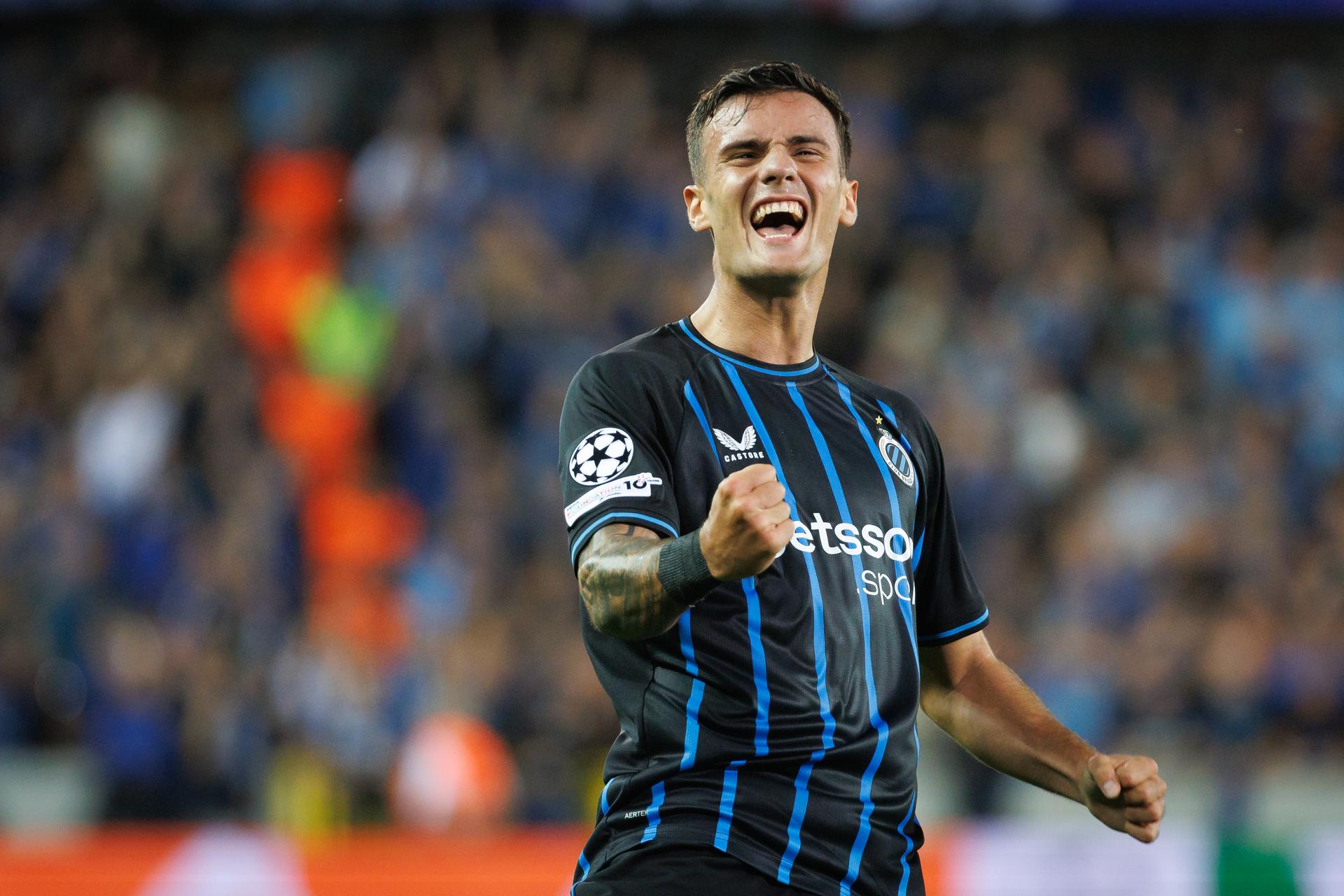 Club's Aleksandar Stankovic celebrates after scoring during a soccer game between Belgian Club Brugge KV and Scottish Glasgow Rangers F.C., Wednesday 27 August 2025 in Brugge, the return leg of the play-offs for the Champions League tournament. Club won the first leg 1-3. BELGA PHOTO KURT DESPLENTER