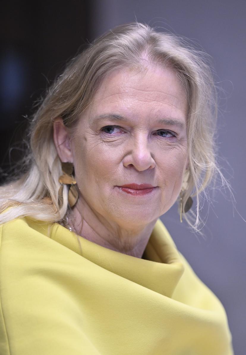 KBVB-URBFA chairwoman Pascale Van Damme pictured during a informal round table discussion with the newly appointed CEO of the Belgian soccer union KBVB-URBSFA, Friday 26 January 2024, in Tubize. BELGA PHOTO ERIC LALMAND