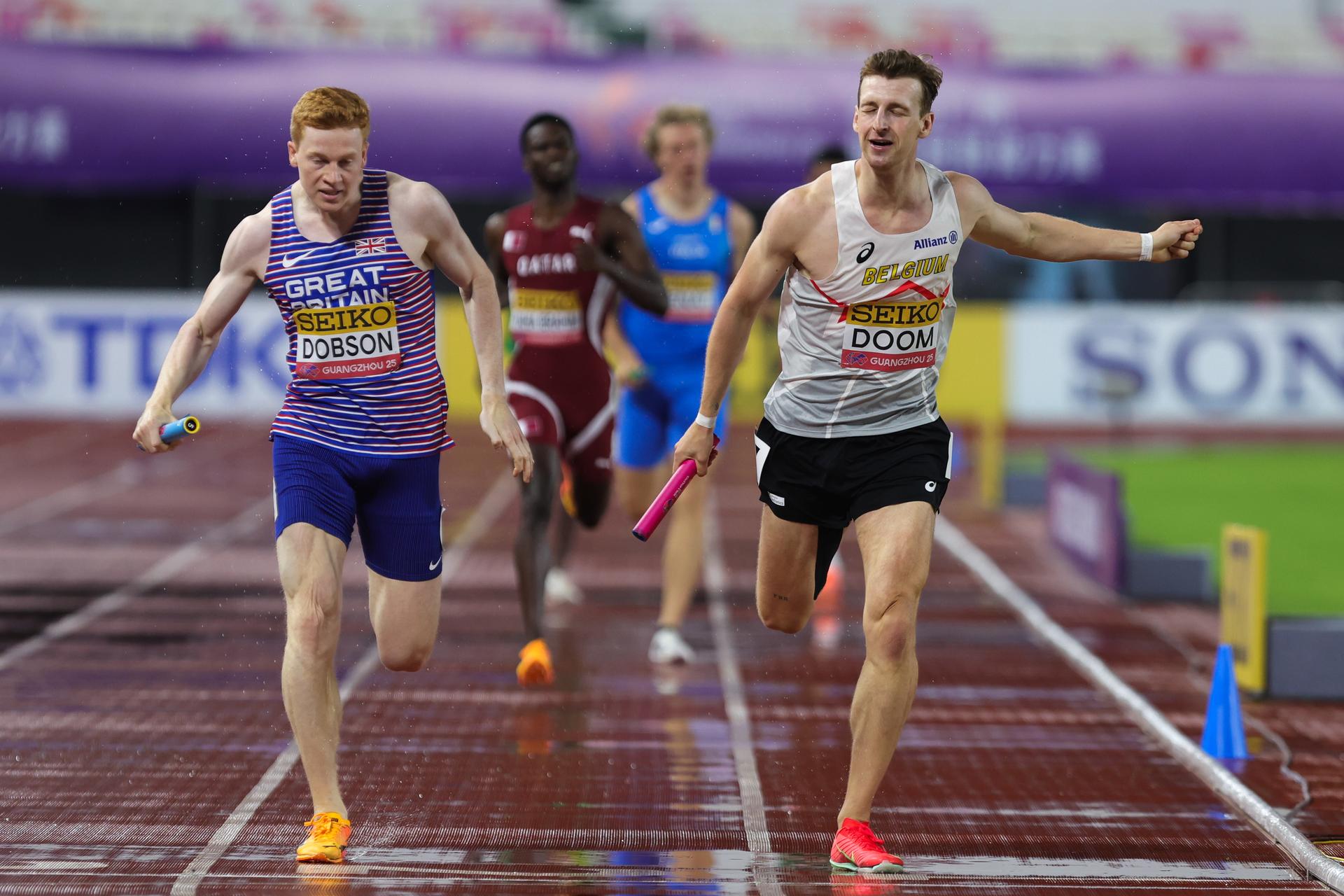 Belgian athlete Alexander Doom pictured in action during the men's 4x400m relay heats, at the world relay championships, on Saturday 10 May 2025 in Guangzhou, China. The world relay championships in Guangzhou take place from 10 to 11 May. BELGA PHOTO NIKOLA KRSTIC