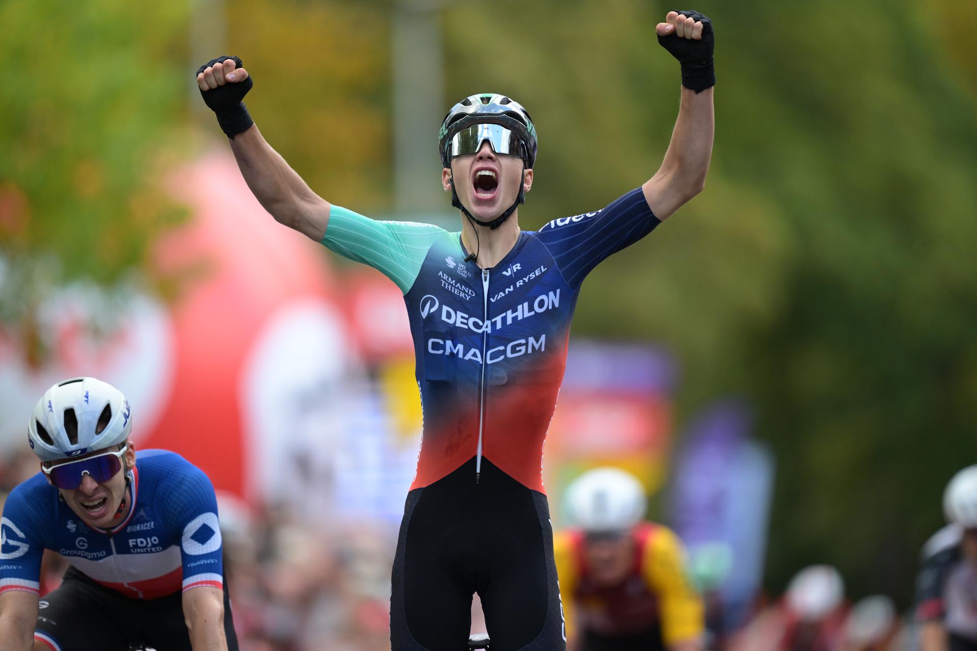 Aubin Sparfel of Decathlon CMA CGM pictured as he crosses the finish line of the one day cycling race Grand Prix de Wallonie 2026 (196,8 km), in Namur, on Wednesday 16 September 2026.  BELGA PHOTO DAVID PINTENS