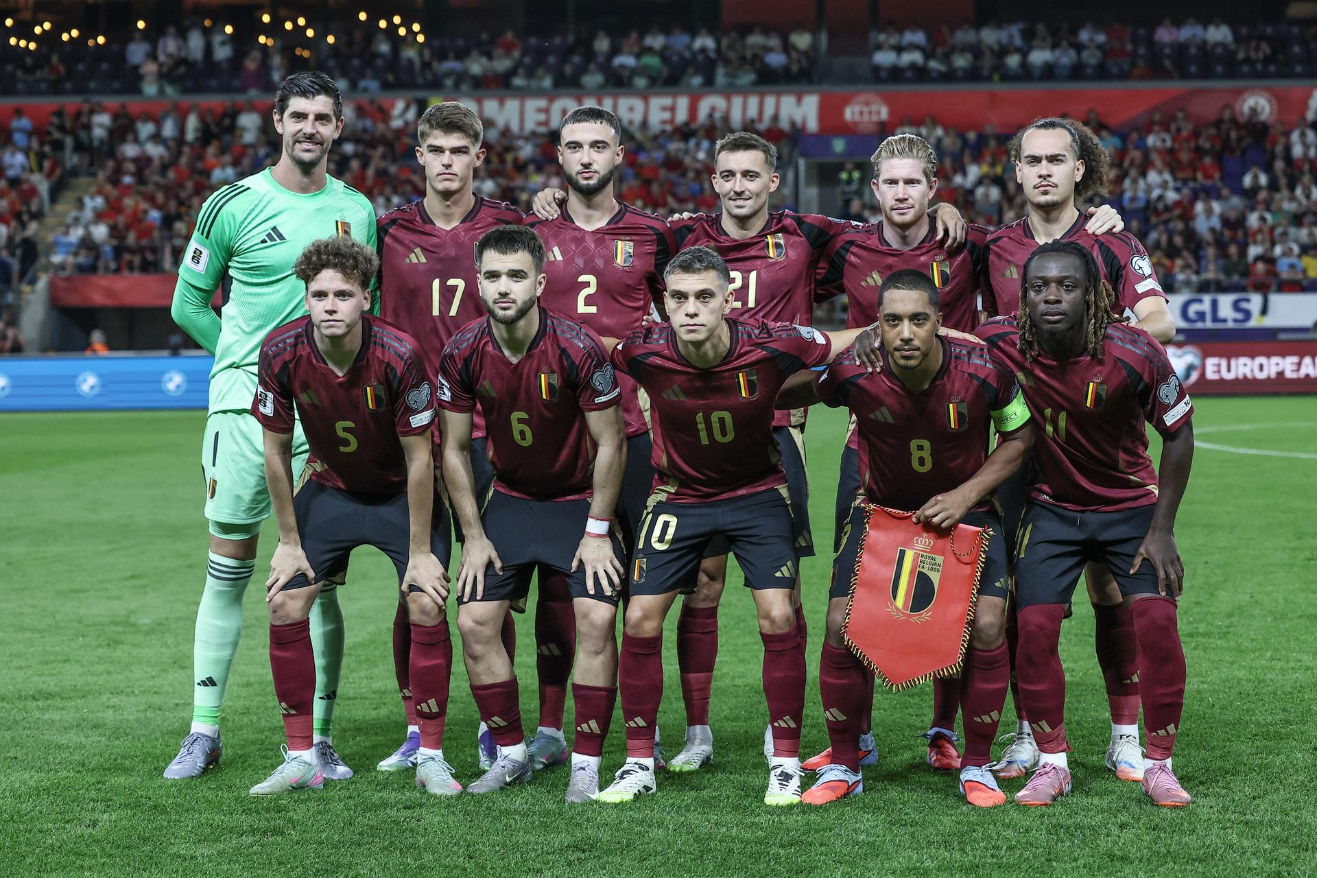 Belgium's players pictured at the start of a soccer game between Belgian national soccer team Red Devils and Kazakhstan, in Brussels, on Sunday 07 September 2025, the fourth (out of 8) qualification games for the World Cup 2026. BELGA PHOTO BRUNO FAHY