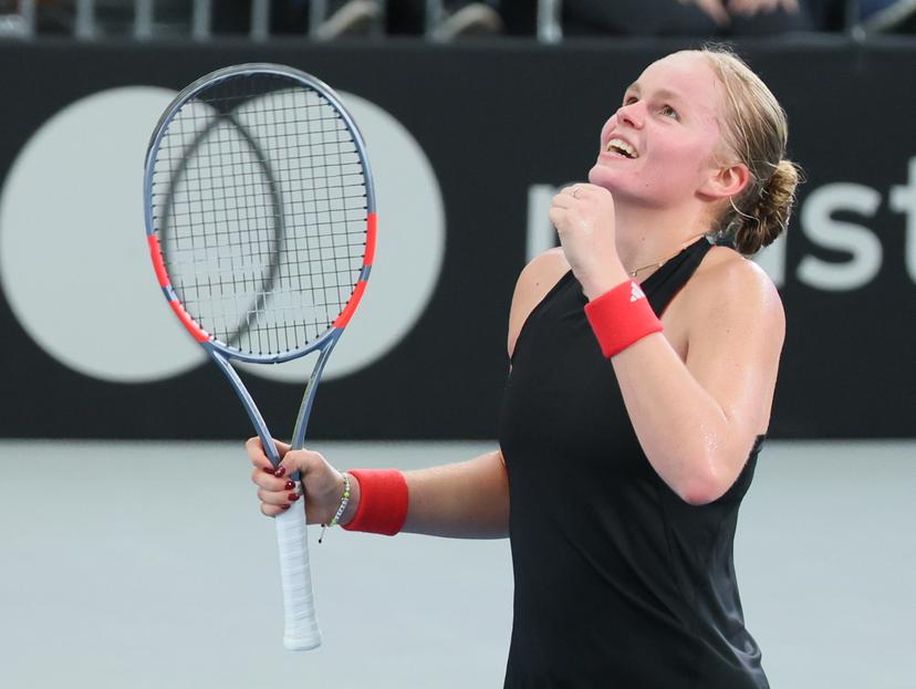 Belgian Jeline Vandromme celebrates during a tennis match against German Friedsam, during the meeting between Belgium and Germany in the Billie Jean King Cup Play-offs, on Sunday 16 November 2025 in Ismaning, Germany. PHOTO BENOIT DOPPAGNE