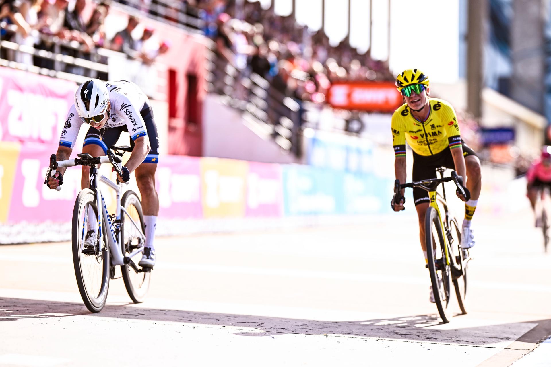 Dutch Lorena Wiebes of SD Worx-Protime and Dutch Marianne Vos of Team Visma-Lease a Bike pictured in action during the women's race of the 'Paris-Roubaix' one day cycling race, 148,5 km from Denain to Roubaix, France, on Saturday 12 April 2025. BELGA PHOTO JASPER JACOBS