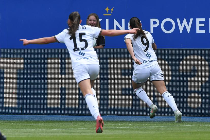 OHL Women's Hannah Eurlings celebrates after scoring during a soccer match between Oud-Heverlee Leuven and RSCA Women, Saturday 17 May 2025 in Heverlee, on day 6 (out of 6) of the Play-offs of the 2024-2025 'Super League Women' first division of the Belgian championship. BELGA PHOTO JILL DELSAUX