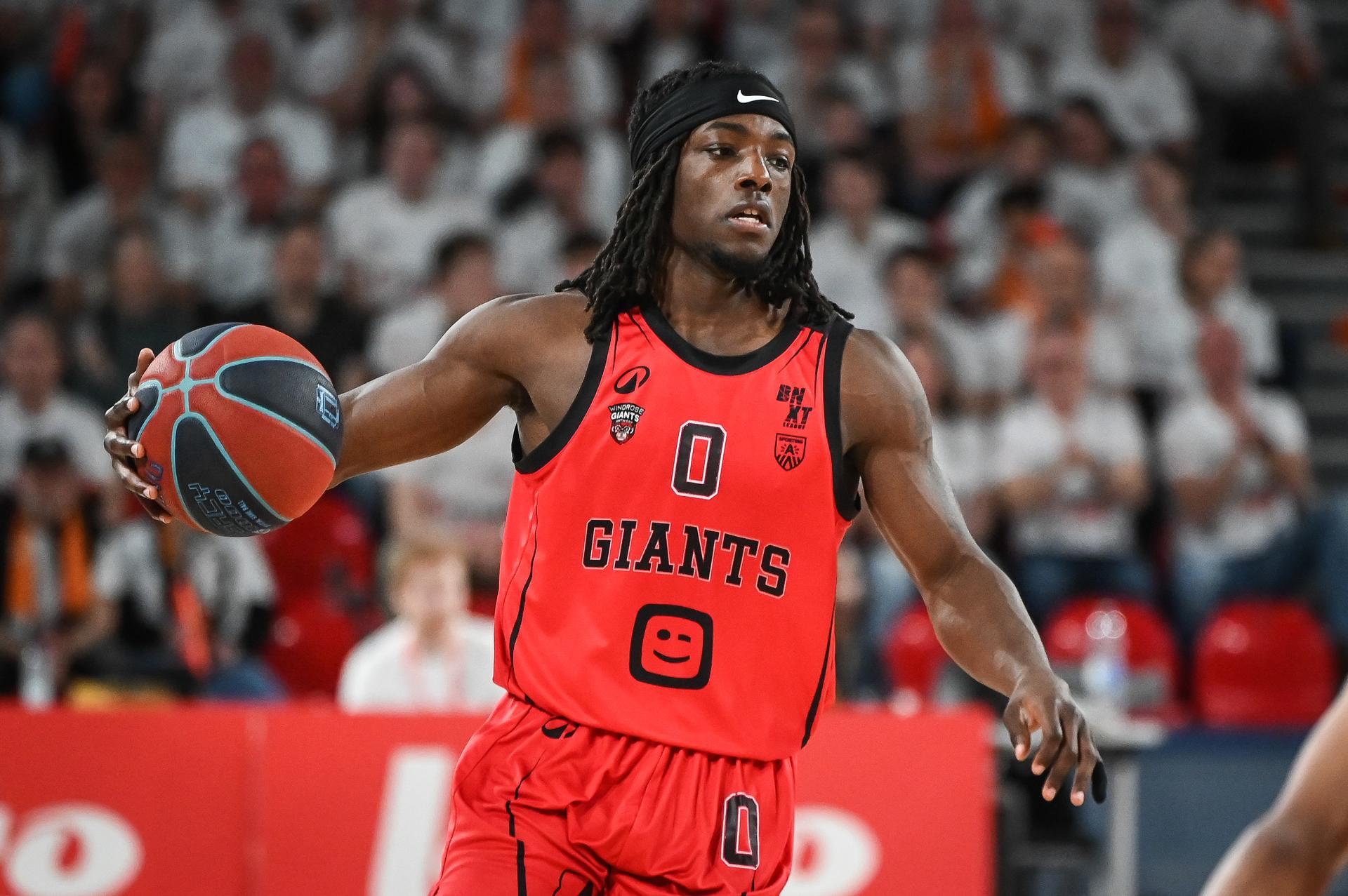 Antwerp's Rasheed Bello pictured in action during a basketball match between Antwerp Giants and Leuven Bears, Sunday 22 March 2026 in Charleroi, the final of the men's Belgian 2026 Basketball Cup. BELGA PHOTO ELIAS ROM