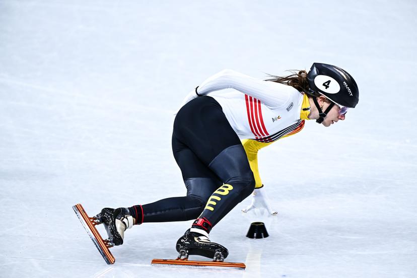 Belgian shorttrack skater Hanne Desmet pictured in action during the heats of the women's 1000m Short Track Speed Skating, at the Milano Cortina 2026 Olympic Winter Games, on Saturday 14 February 2026 in Milan, Italy. The XXV Winter Olympics take place from 6 to 22 February 2026 in Italy. BELGA PHOTO JASPER JACOBS