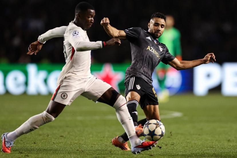 Qarabag's Cape Verdean midfielder #15 Leandro Andrado in action during the UEFA Champions League league phase football match between Qarabag and Chelsea at the Tofiq Bahramov Republican Stadium in Baku on November 5, 2025.  Giorgi ARJEVANIDZE / AFP