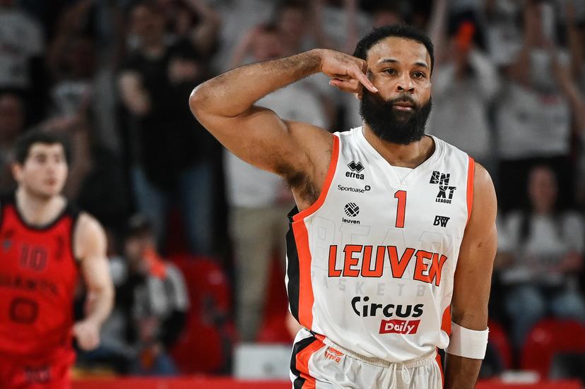 Leuven's James Blackmon celebrates after scoring during a basketball match between Antwerp Giants and Leuven Bears, Sunday 22 March 2026 in Charleroi, the final of the men's Belgian 2026 Basketball Cup. BELGA PHOTO ELIAS ROM