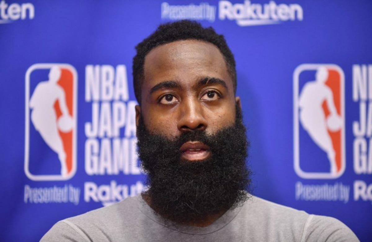 NBA Houston Rockets guard James Harden speaks during a media interview after the basketball team's practice session in Tokyo on October 9, 2019.  Kazuhiro NOGI / AFP