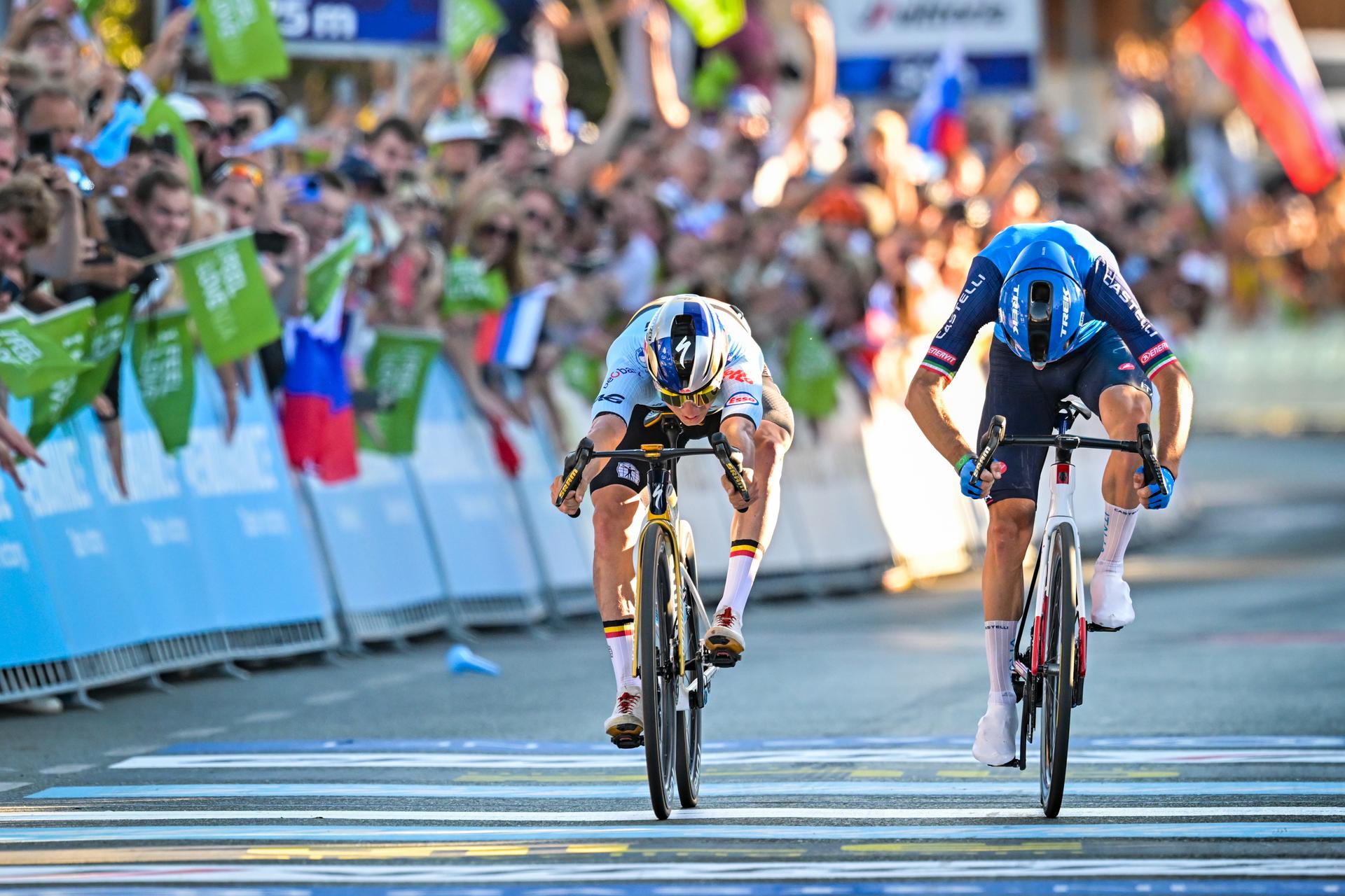Belgium's Remco Evenepoel and Italy's Giulio Ciccone crosses the finish line at the elite men Road Race race (196,2 km) at the cycling UEC Road European Championships, in Ljubljana, Slovenia Sunday 4 October 2026. The UEC Road European Championships are taking place from 02 to 07 October in Ljubljana, Slovenia. BELGA PHOTO DAVID PINTENS