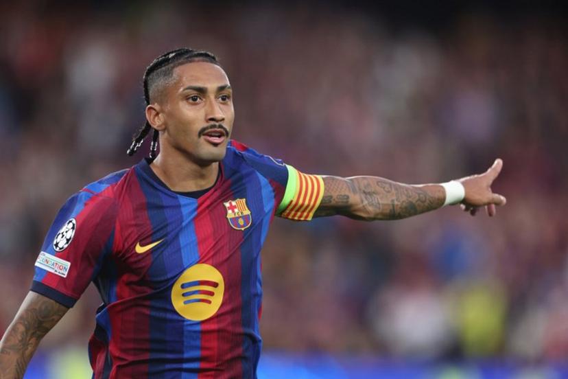 Barcelona's Brazilian forward #11 Raphinha celebrates scoring his team's third goal during the UEFA Champions League first round day 1 football match between FC Barcelona and Feyenoord at Camp Nou stadium in Barcelona on September 9, 2026.  Josep LAGO / AFP