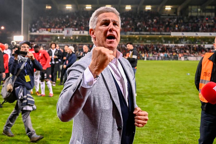 Rwdm's chairman Thierry Dailly pictured during celebrations after RWDM won the championship, after a soccer match between RWDM and RSCA Futures, Saturday 13 May 2023 in Brussels, on day 10 (out of 10) of the Promotion Play-Offs of the 2022-2023 'Challenger Pro League' 1B second division of the Belgian championship. RWDM will be promoted to the first division. BELGA PHOTO LAURIE DIEFFEMBACQ