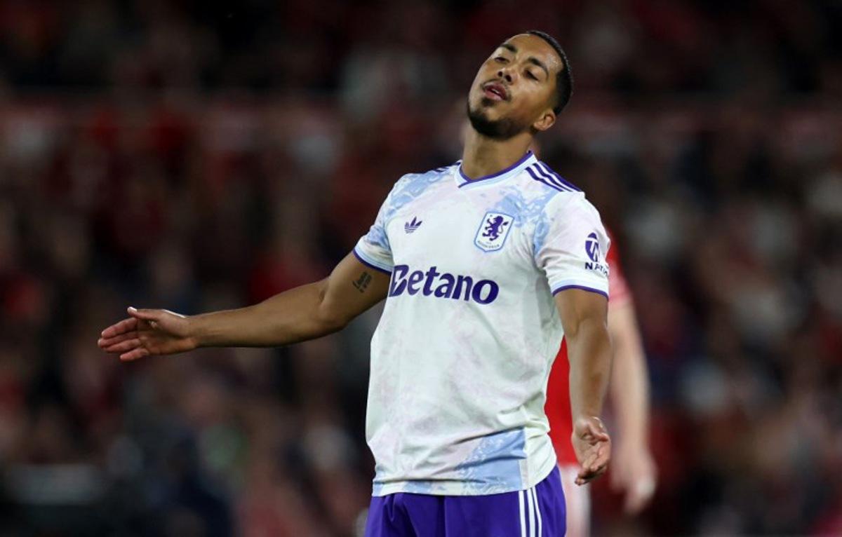 Aston Villa's Belgian midfielder  #08 Youri Tielemans reacts after a poor shot during the UEFA Europa League semi-final first-leg football match between Nottingham Forest and Aston Villa at The City Ground in Nottingham, central England, on April 30, 2026.  Darren Staples / AFP