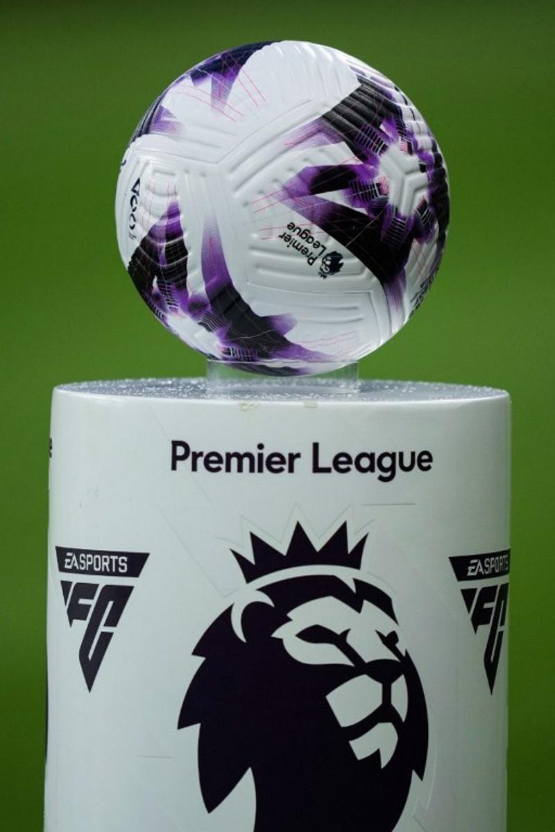 The official football ball is displayed prior to the English Premier League football match between Newcastle United and Everton at St James' Park in Newcastle-upon-Tyne, north east England on April 2, 2024.  Andy Buchanan / AFP