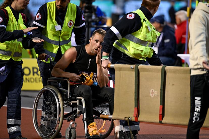 Belgian Timothy Herman is injured an leaves the the 50th edition of the Memorial Van Damme Diamond League athletics event in Brussels, Saturday 5 September 2026.  BELGA PHOTO ELIAS ROM