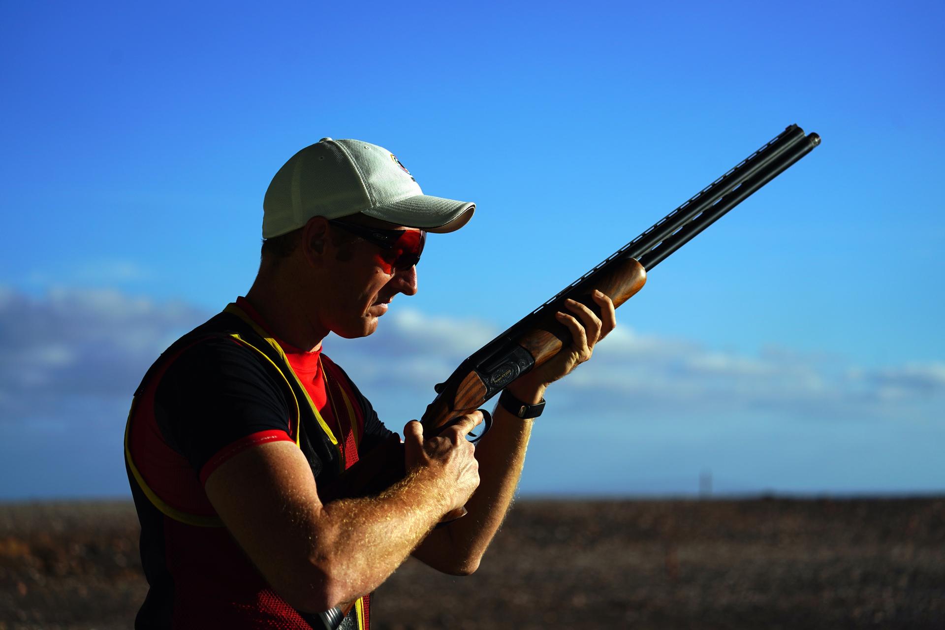 Belgian clay shooting athlete Yannick Peeters pictured in action during the BOIC-COIB Belgian Olympic Committee sports camp, Tuesday 14 November 2017, in Lanzarote, Spain. BELGA PHOTO ERIC LALMAND