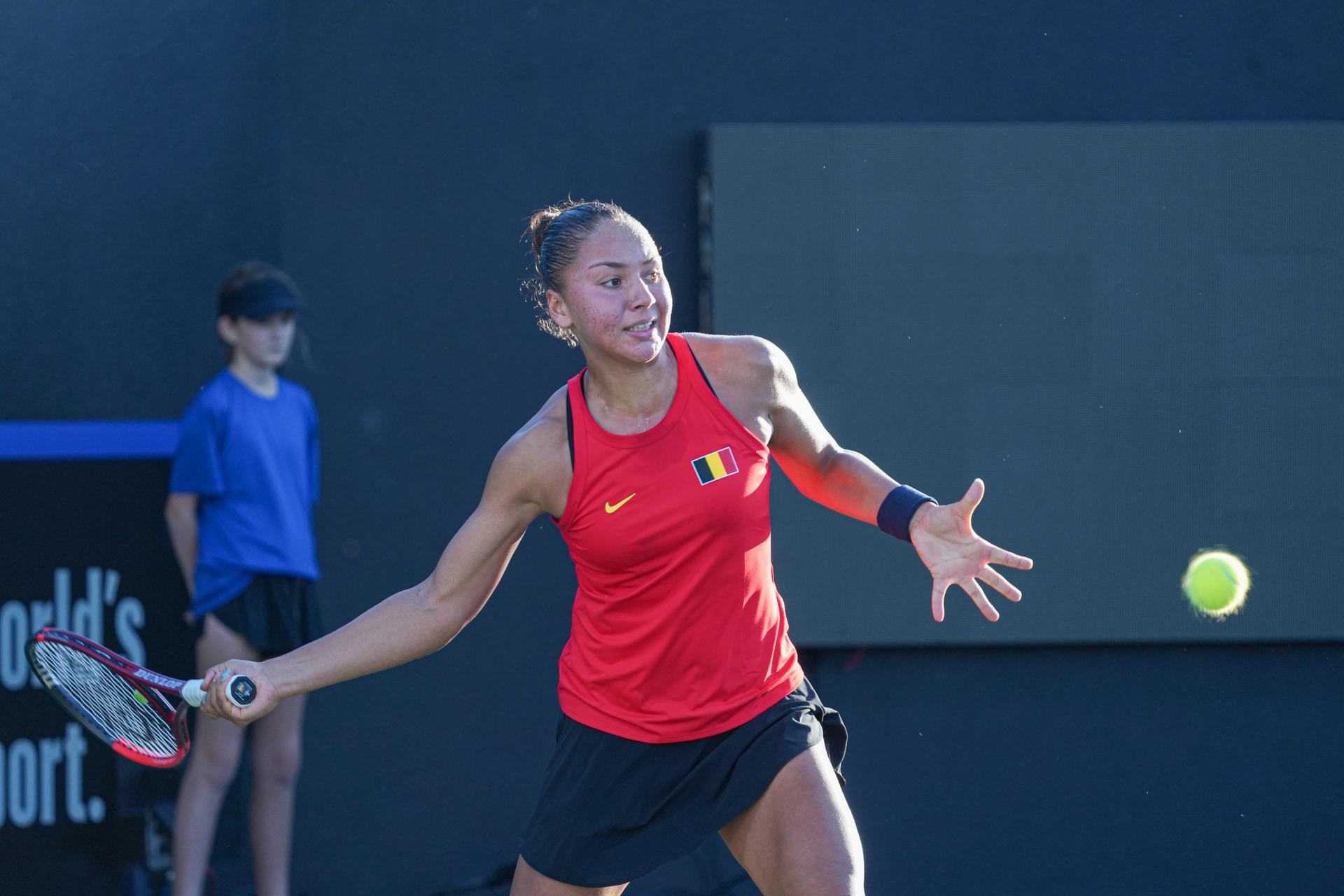 Belgian Sofia Costoulas pictured in action during the first match between US Pegula (WTA 5) and Belgian Costoulas (WTA 279) on the first day of the meeting between USA and Belgium, in the qualification round in the world group for the final of the Billie Jean King Cup tennis, in Orlando, Florida, USA, on Friday 12 April 2024. BELGA PHOTO MARTY JEAN LOUIS