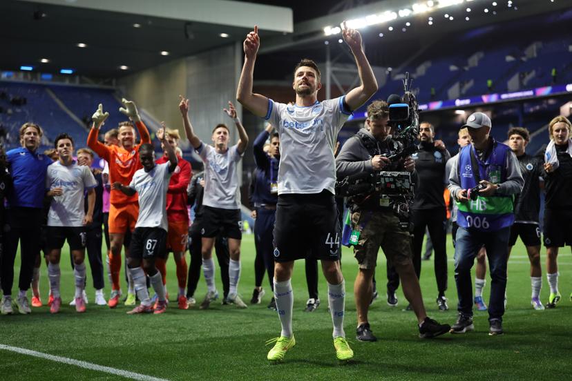 Club Brugge's Brandon Mechele celebrates with teammates after the UEFA Champions League, play-off, first leg match at Ibrox Stadium, Glasgow. Picture date: Tuesday August 19, 2025. BELGIUM ONLY