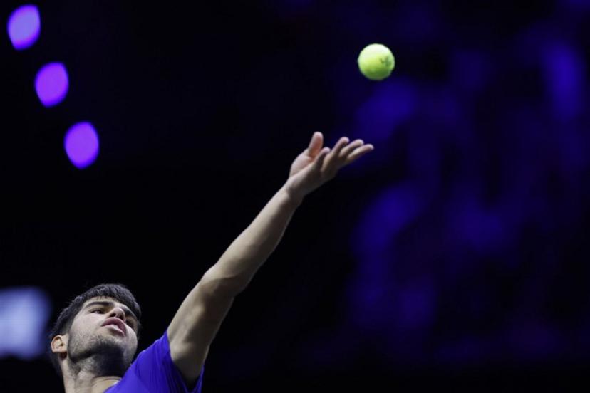 Spain's Carlos Alcaraz of Team Europe serves the ball to USA's Taylor Fritz of Team World during their 2024 Laver Cup men's singles tennis match in Berlin, Germany on September 22, 2024.  Odd ANDERSEN / AFP