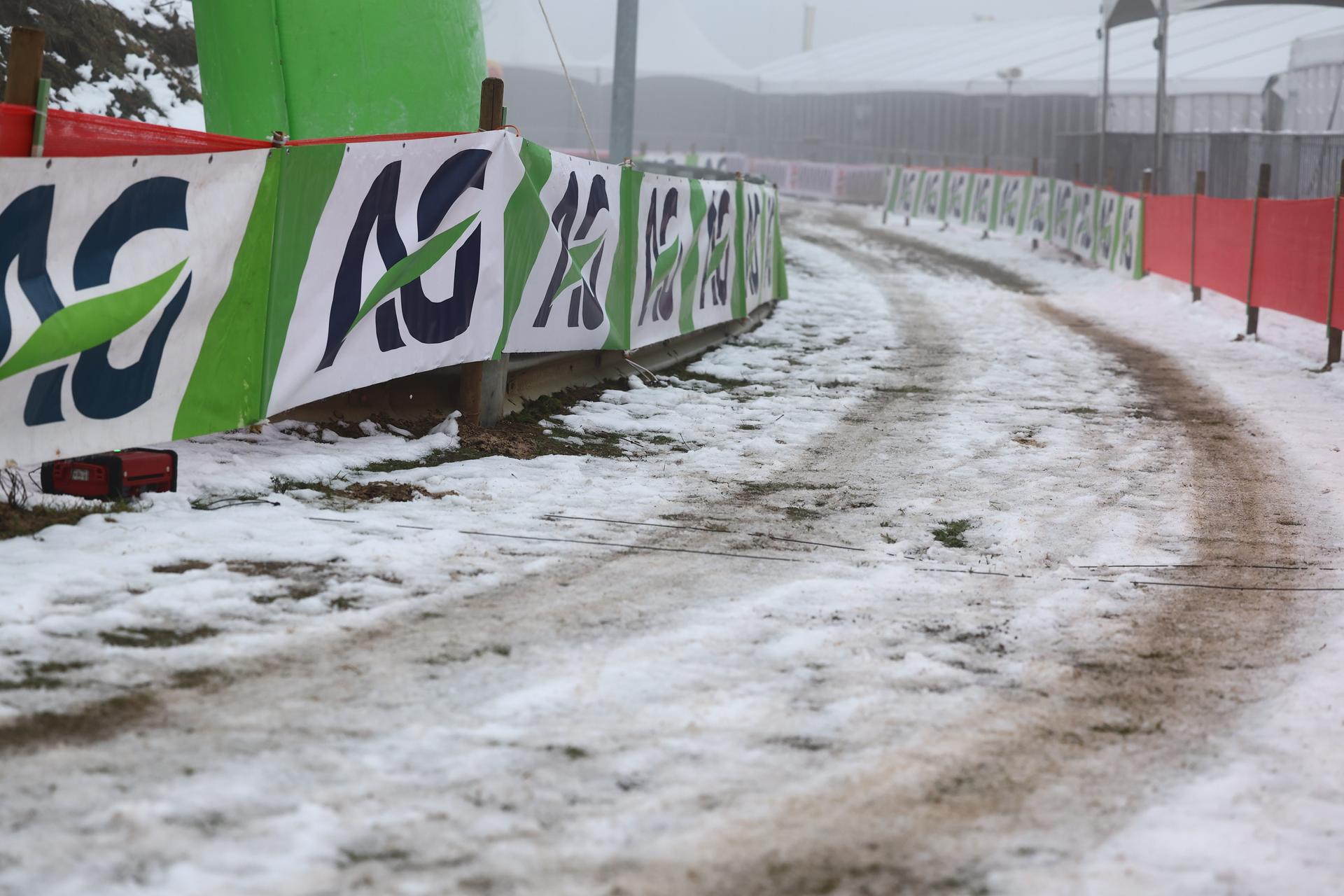 the icy track is pictured ahead of the first race of the Belgian Championships cyclocross (11-12/01) on Saturday 11 January 2025 in Heusden-Zolder. The first race is postponed by one hour due to the bad weather conditions. BELGA PHOTO DAVID PINTENS