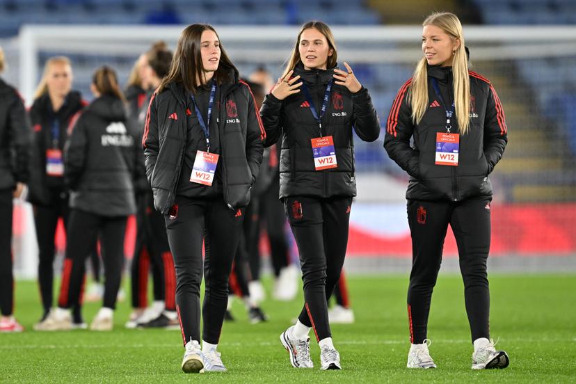 Belgium's Marie Detruyer, Belgium's Jill Janssens and Belgium's Amy Littel inspecting the pitch ahead of a soccer match between England and Belgium's national women's team the Red Flames, game 3/6 in group A1 of the 2023-2024 UEFA Women's Nations League competition, on Friday 27 October 2023, in Leicester, United Kingdom. BELGA PHOTO DAVID CATRY