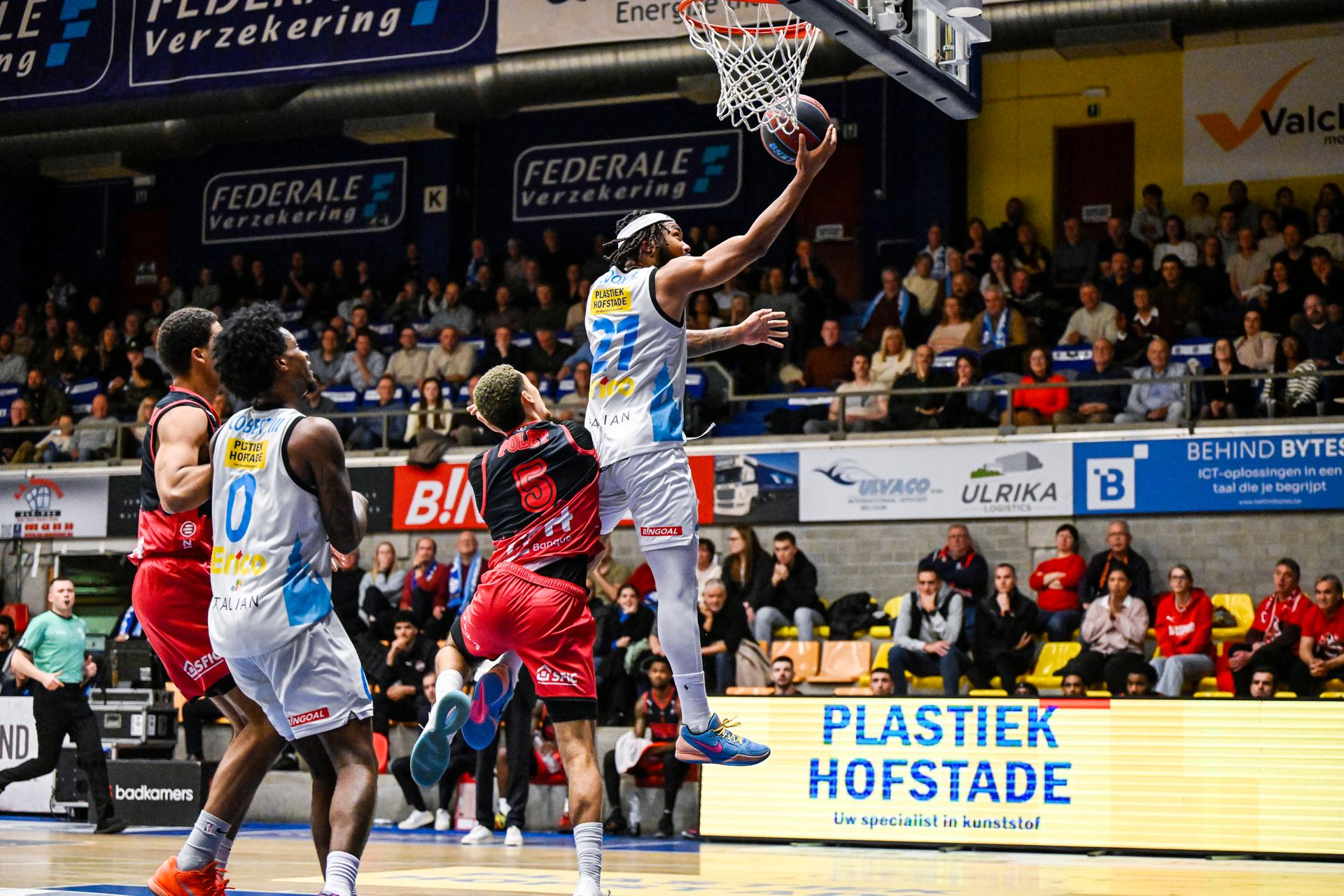 Spirou's Adedayo Polet and Aalst's Dante Maddox Jr. pictured in action during a basketball match between Spirou Charleroi and Okapi Aalst, Saturday 22 November 2025 in Aalst, on day 9 of the 'BNXT League' Belgian/ Dutch first division basket championship. BELGA PHOTO TOM GOYVAERTS