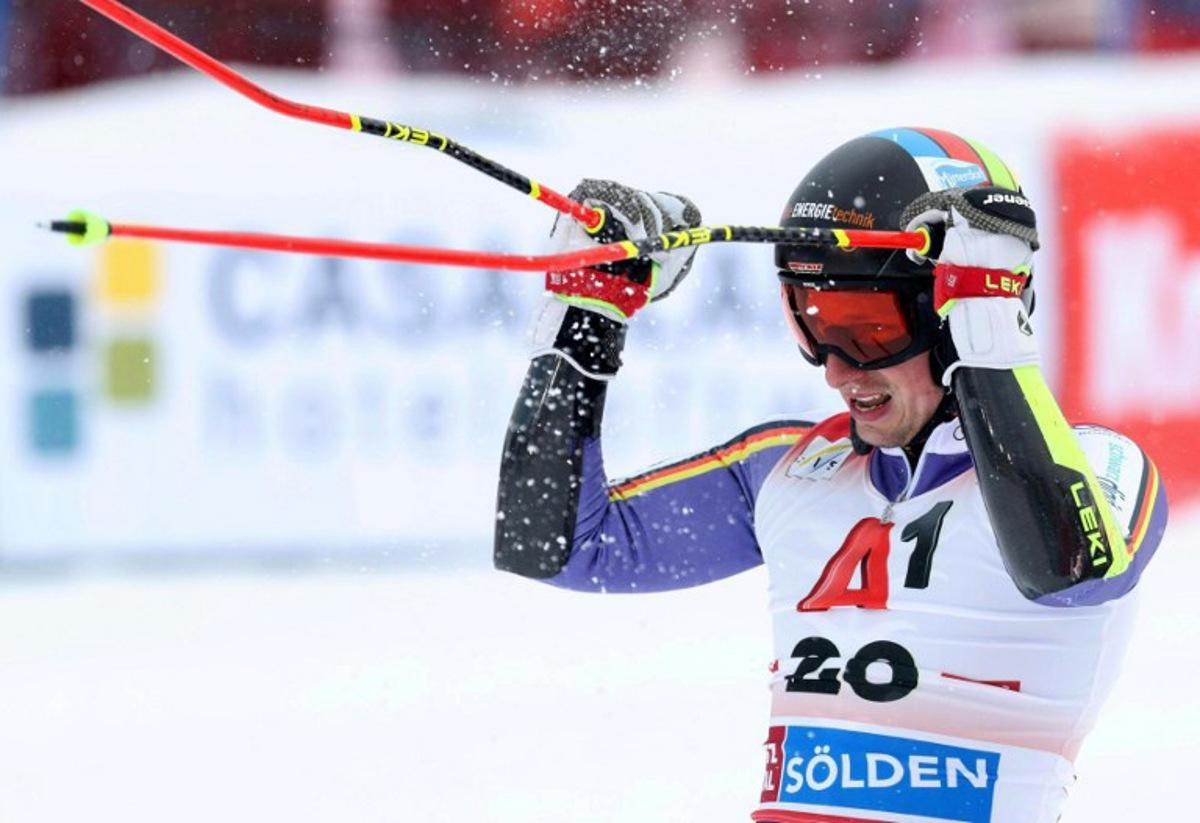 Belgium's Sam Maes reacts after second run of the men's giant slalom event of the FIS Alpine Skiing World Cup in Soelden, Austria on October 26, 2025.  Johann GRODER / EXPA / APA / AFP