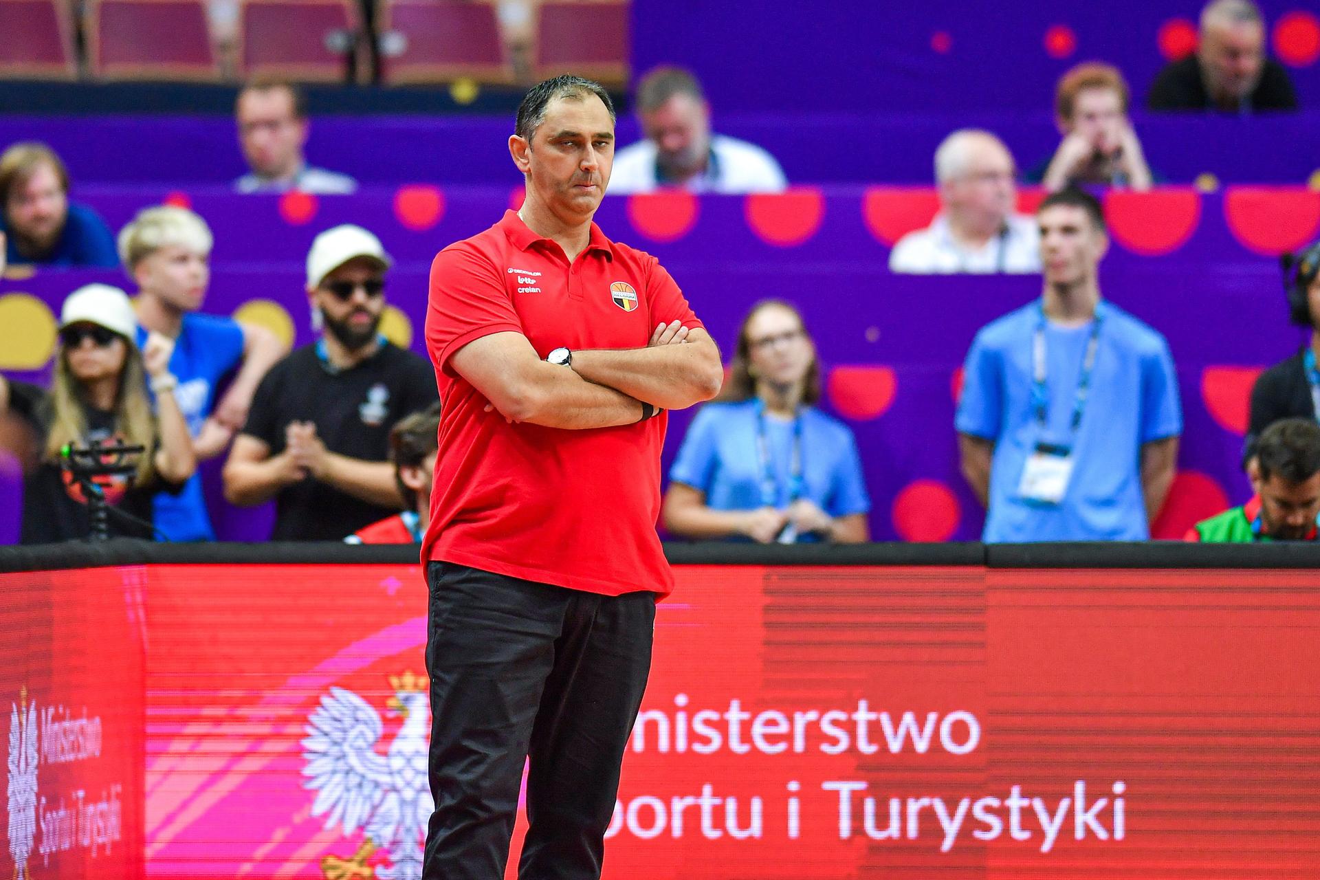 Belgium's head coach Dario Gjergja pictured during a basketball match between Belgium's national team Belgian Lions and Israel, Tuesday 02 September 2025 in Katowice, Poland, the fourth game of the group stage of the Eurobasket 2025 European championships, in the group D. BELGA PHOTO MARCIN BULANDA *** BELGIUM ONLY ***