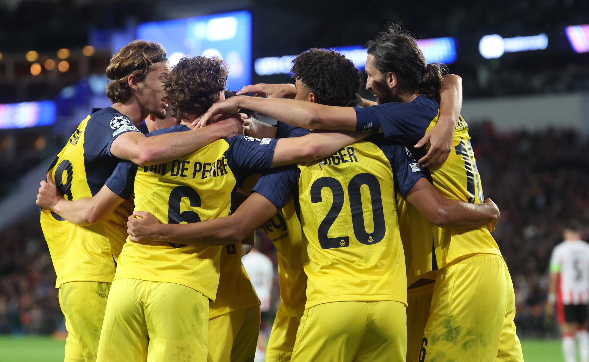 Union's Kevin Rodriguez celebrates during a soccer game between Dutch team PSV Eindhoven and Belgian team Royale Union Saint-Gilloise, in Eindhoven, The Netherlands, on Tuesday 16 September 2025, on the opening day of the League phase of the UEFA Champions League tournament. BELGA PHOTO VIRGINIE LEFOUR