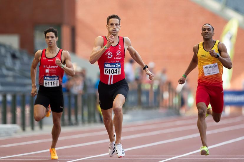 Jonathan Sacoor, Dylan Borlee and Younes Chattoui pictured in action during the men 400m, at the Belgian athletics championships, Sunday 03 August 2025 in Brussels. The Belgian championships take place from 2-3 August, 2025. BELGA PHOTO KRISTOF VAN ACCOM