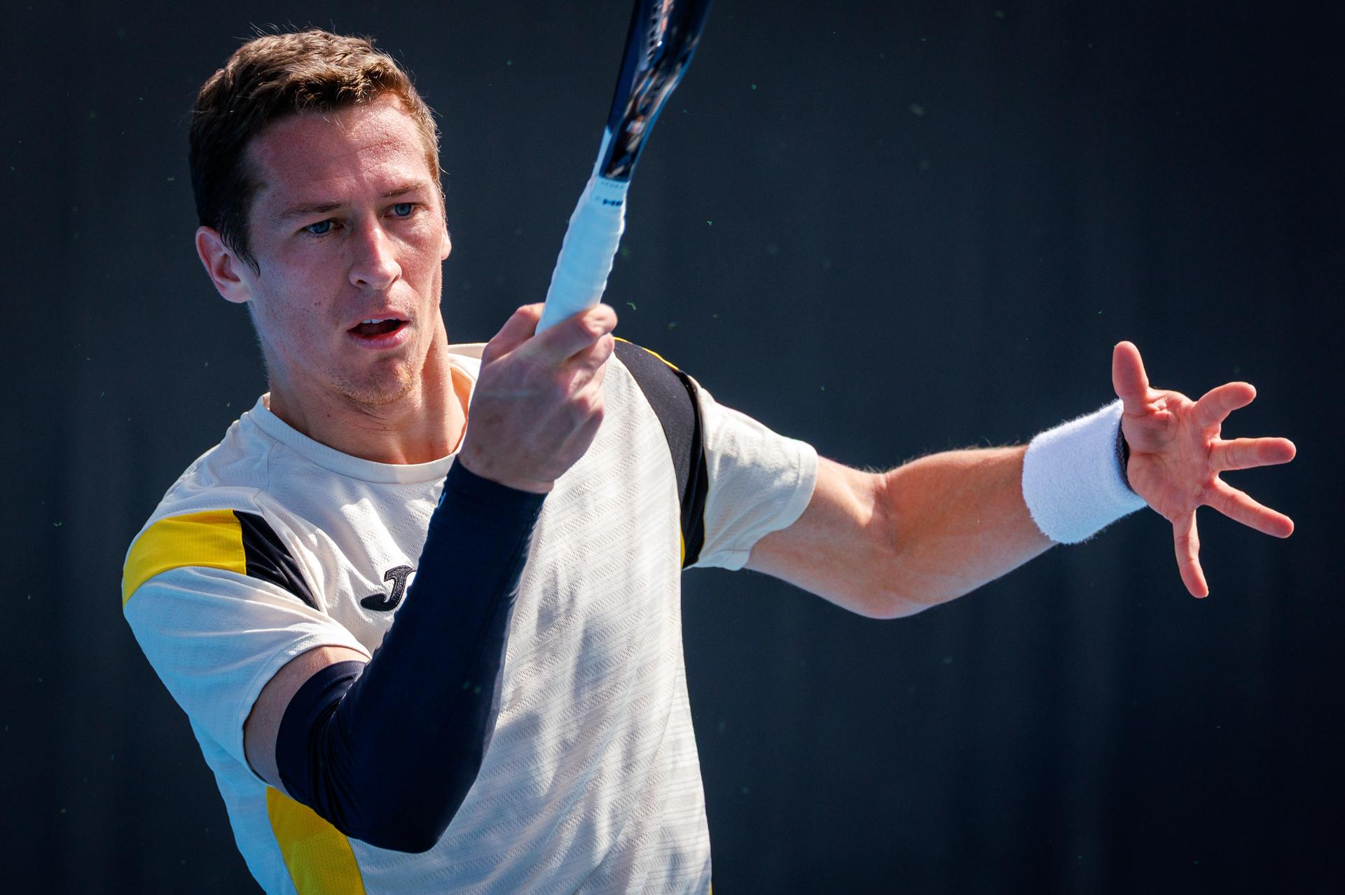 Belgium's Kimmer Coppejans pictured in action during a third round qualifying match in the men's singles against USA's Svajda at the Australian Open, Melbourne Park, Melbourne on Thursday 15 January 2026.  BELGA PHOTO PATRICK HAMILTON  --- BENELUX ONLY   ---