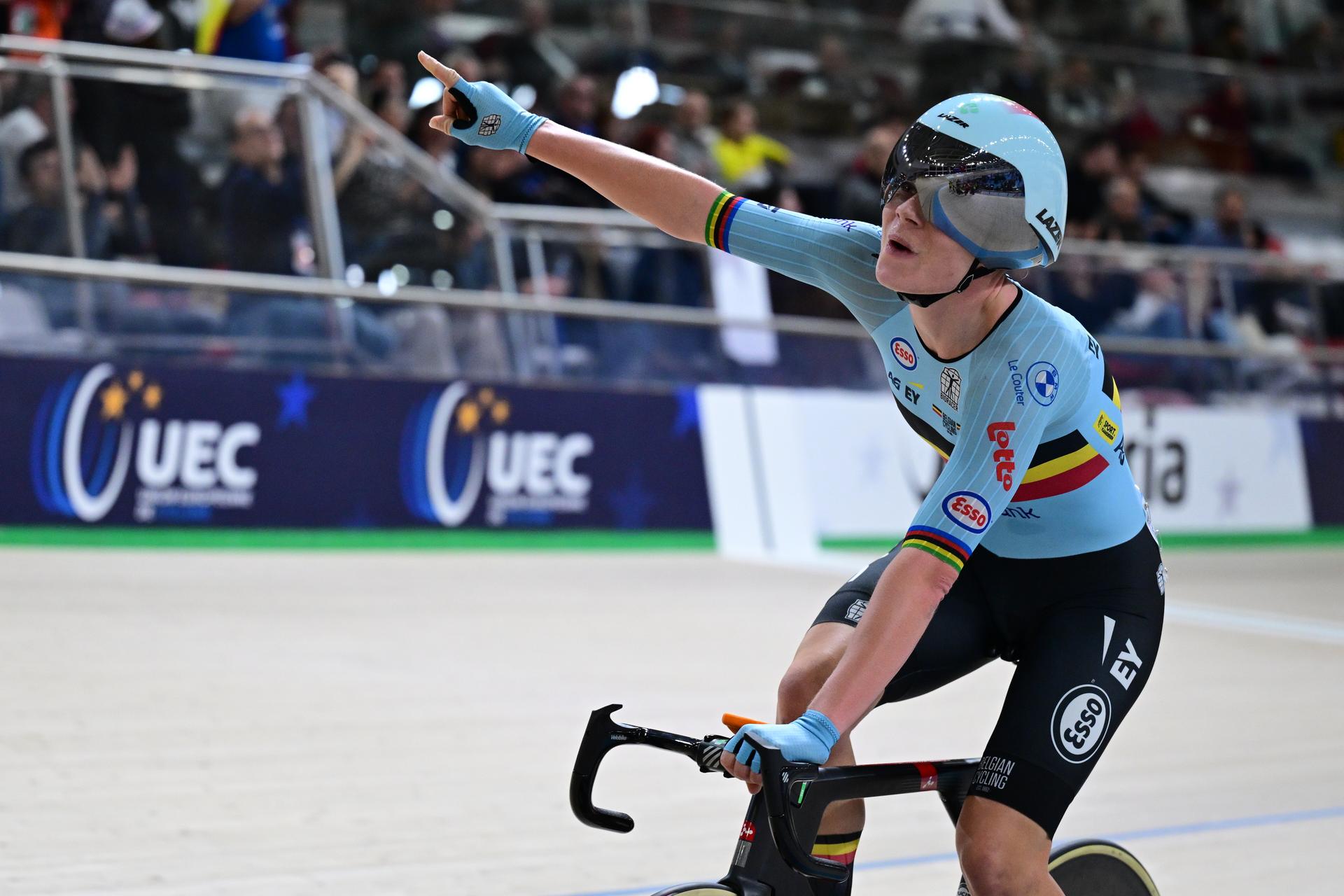 Belgian Lotte Kopecky celebrates as she won the women's Elimination Race on the second day of the 2026 UEC Track Elite European Championships, in Konya, Turkey, Monday 02 February 2026. The European Championships take place from 01 to 05 February 2026. BELGA PHOTO DIRK WAEM