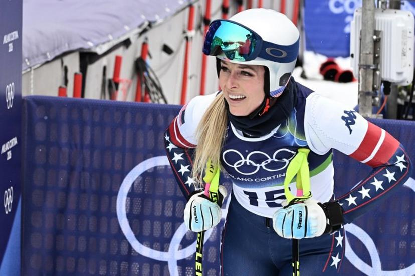 US' Lindsey Vonn reacts during an official training for the women's downhill event during the Milano Cortina 2026 Winter Olympic Games at the Tofane Alpine Skiing Centre in Cortina d'Ampezzo on February 7, 2026.  Tiziana FABI / AFP