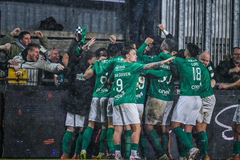 Lommel's Dries Wouters celebrates after scoring during a soccer game between KSC Lokeren and Lommel SK, Saturday 21 February 2026 in Lokeren, on day 26 of the 2025-2026 'Challenger Pro League' 1B second division of the Belgian championship. BELGA PHOTO TOM GOYVAERTS