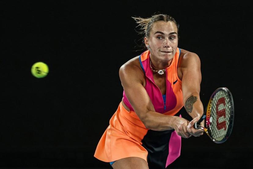 Belarus' Aryna Sabalenka hits a return against Kazakhstan's Elena Rybakina during their women's singles final match on day fourteen of the Australian Open tennis tournament in Melbourne on January 31, 2026.  IZHAR KHAN / AFP