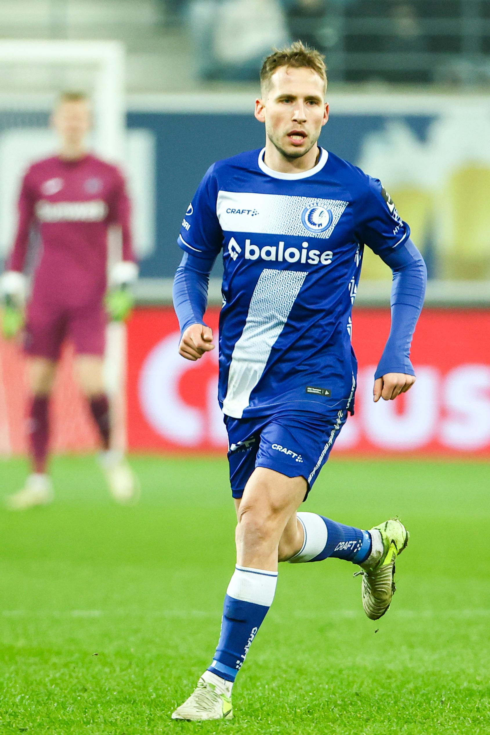 Gent's Andrew Hjulsager pictured in action during a soccer game between KAA Gent and RSC Anderlecht, Sunday 02 February 2025 in Gent, on day 24 of the 2024-2025 season of the "Jupiler Pro League" first division of the Belgian championship. BELGA PHOTO DAVID PINTENS