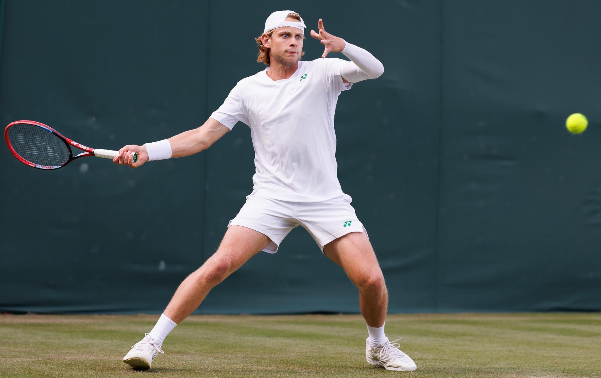 Belgian Zizou Bergs pictured in action during a doubles tennis match between French pair Doumbia-Reboul and Belgian-Canadian pair Bergs-Diallo, in the first round of the men's doubles at the 2025 Wimbledon grand slam tournament, Thursday 03 July 2025 at the All England Tennis Club, in South-West London, Britain. BELGA PHOTO BENOIT DOPPAGNE
